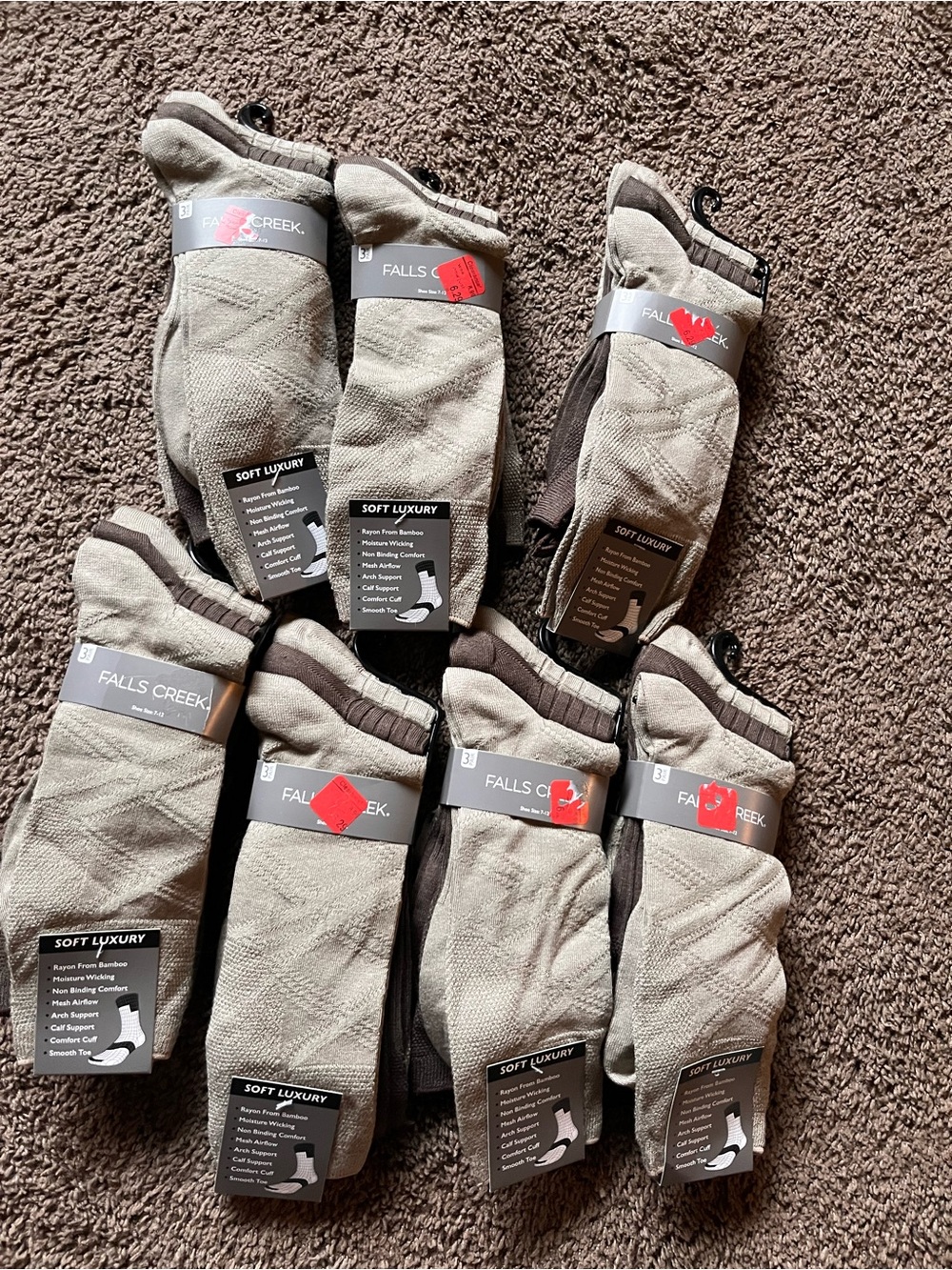 Falls Creek Men’s Crew Socks in Taupe with Dark Brown Trim - 8 Pack